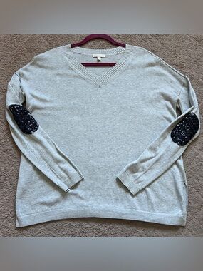 Lisa Todd Grey V-Neck Cotton Sequin Elbow Patches Preppy Sweater Women's Size S